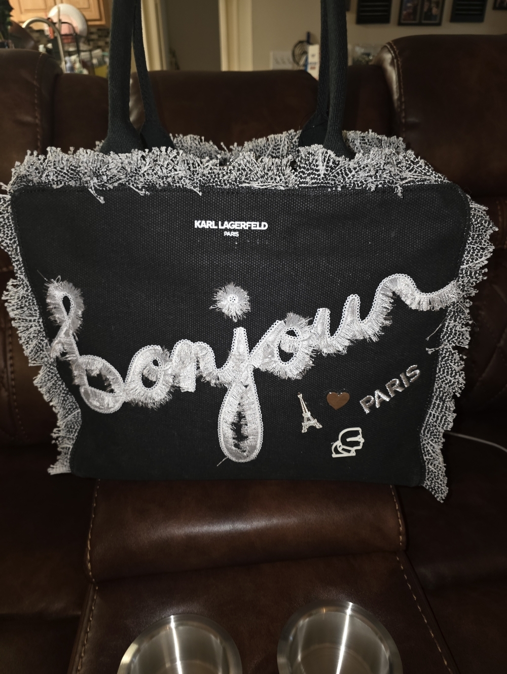 Karl Lagerfeld Black 'Bonjour' Canvas Tote Bag